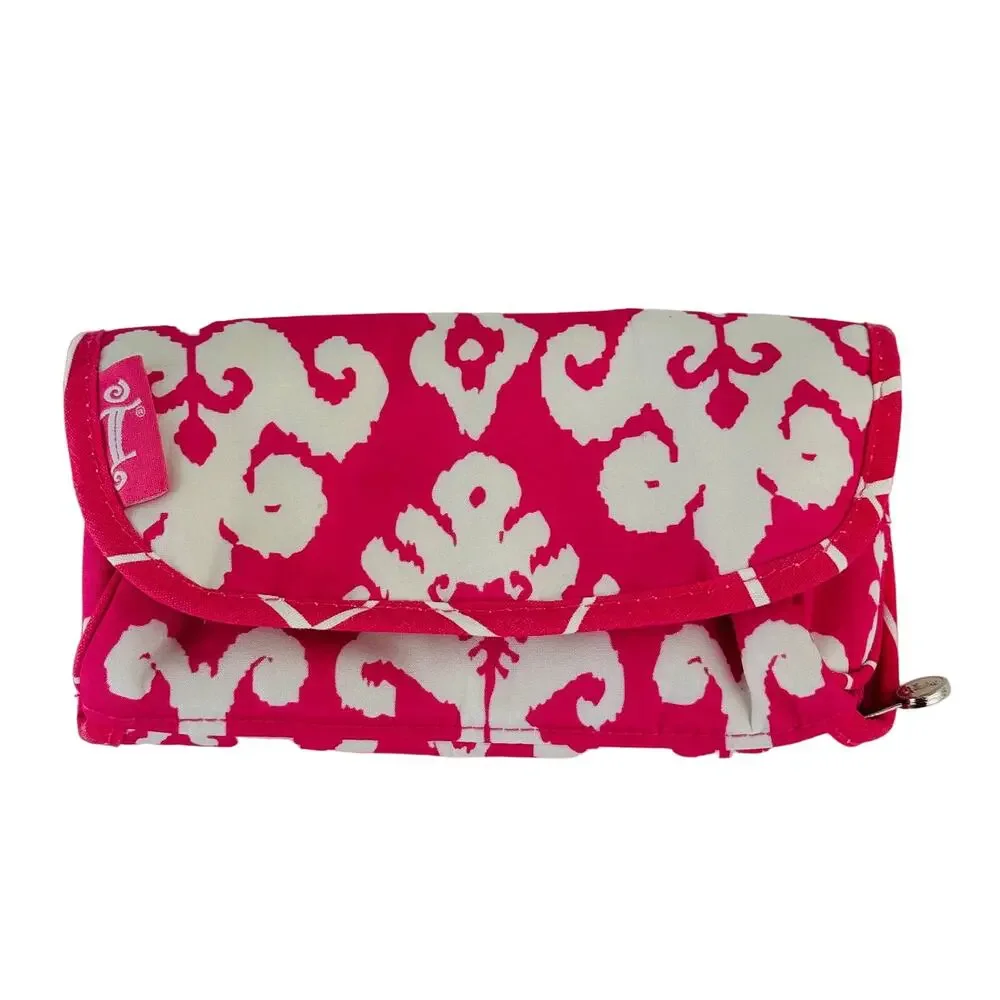 Initials Inc. Jewelry Roll Organizer Pink White Ikat Travel Case Foldable Bag